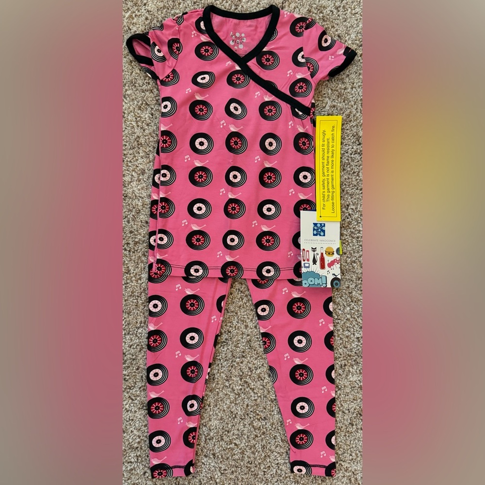 NWT Kickee Pants 4T Print Short Sleeve Kimono Pajama Set- Flamingo Record Birds